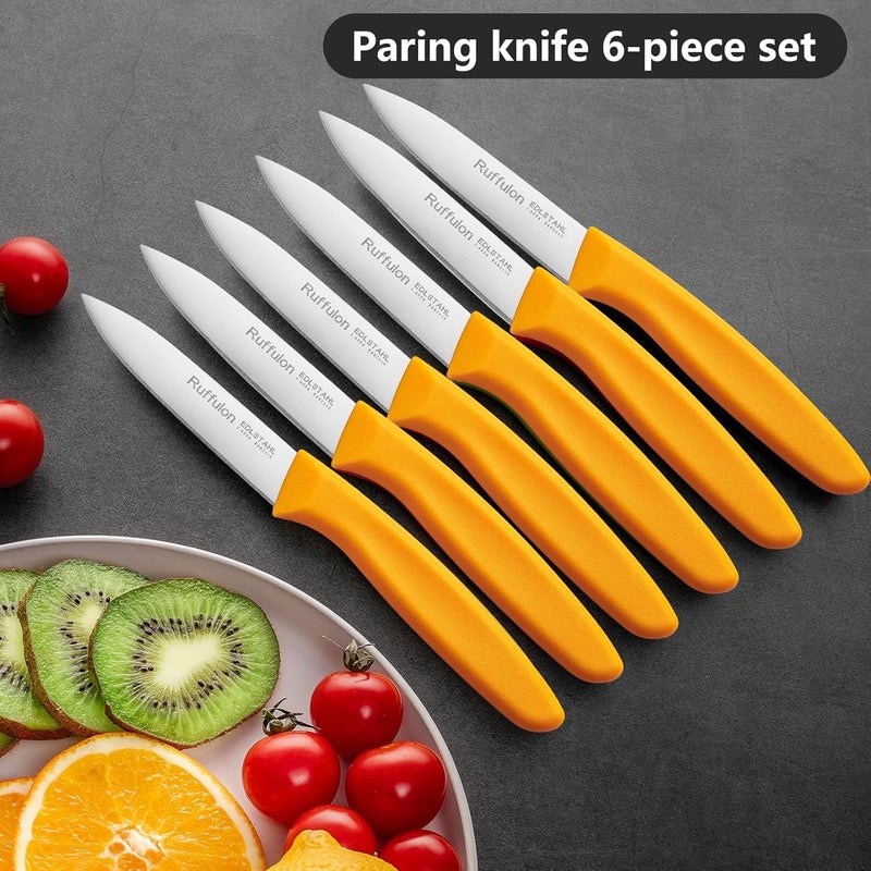 Ruffulon Paring Knife Fruit Knife Set (6 Pieces), Ultra Sharp Stainless Steel Vegetable and Fruit Knife with PP Plastic Ergonomic Handle for Cutting Fruits and Vegetables,Red/Orange/Green - Image 4